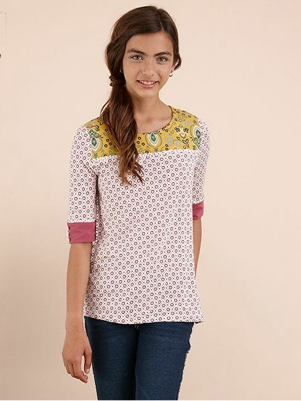 Matilda Jane 435 Maiden's Quest Mixed Print Top-Yellow/Burgundy-Girls Size 8